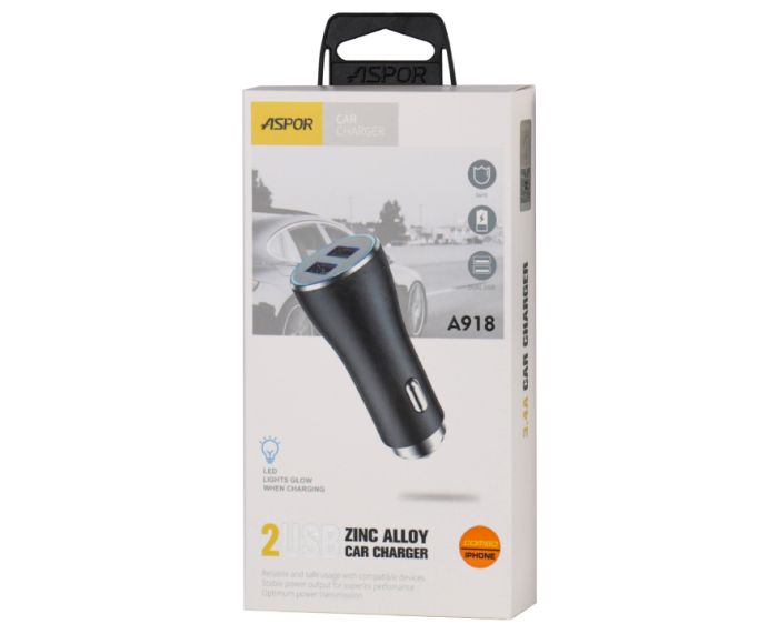Автомобільний зарядний пристрій Aspor A918 metal блочок (2USB/3.4A) LED + USB кабель Lightning- чорн