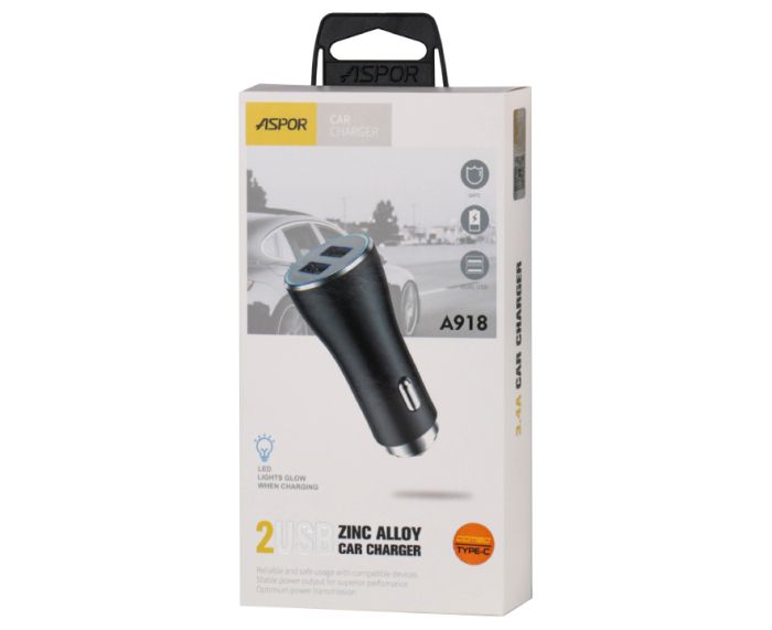 Автомобільний зарядний пристрій Aspor A918 metal блочок (2USB/3.4A) LED + USB кабель Type-C- чорний