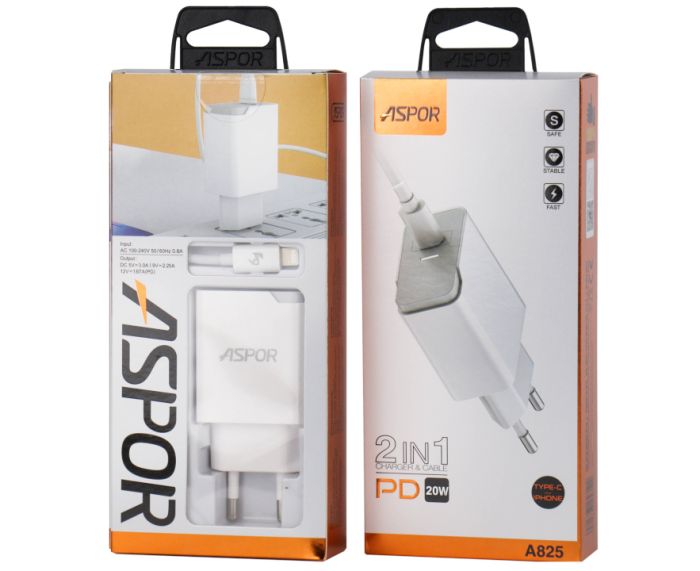 Мережевий зарядний пристрій Aspor A825 PD QC3.0 (20W PD) + USB кабель Type-C to Lightning- білий