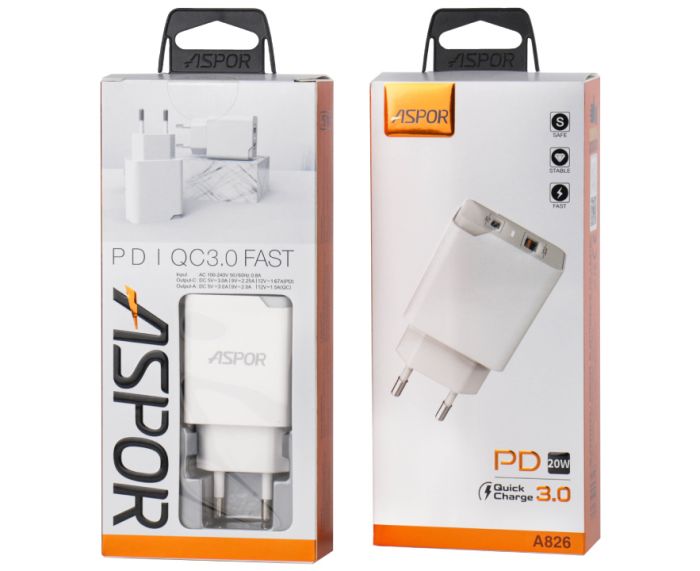 Мережевий зарядний пристрій Aspor A826 PD + QC Fast Charger- білий