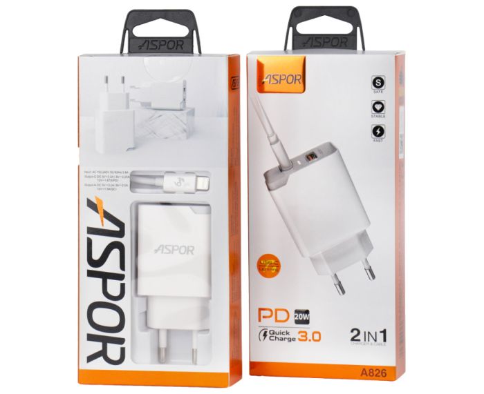 Сетевое зарядное устройство Aspor A826 PD + QC Fast Charger 2в1 Type-C + Type-C - белый