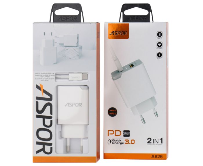 Сетевое зарядное устройство Aspor A826 PD + QC Fast Charger - белый