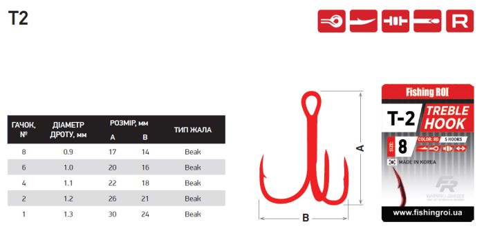 Тройник Fishing ROI Treble Hook T-2 RED №2 (5шт/уп)