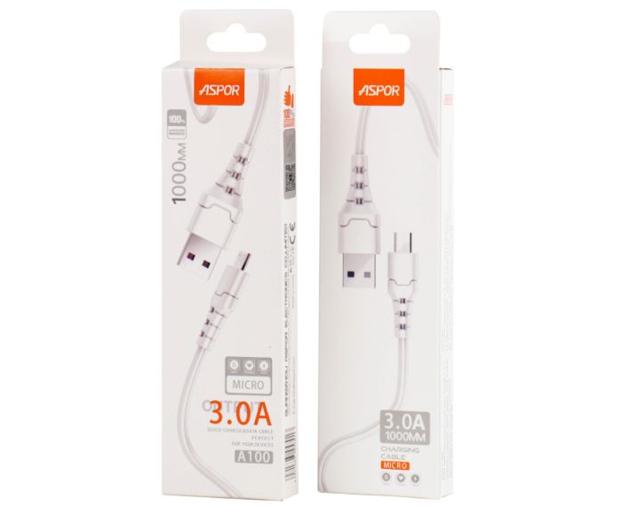USB кабель Aspor A100 Micro Fast Charge 3A/1м- білий