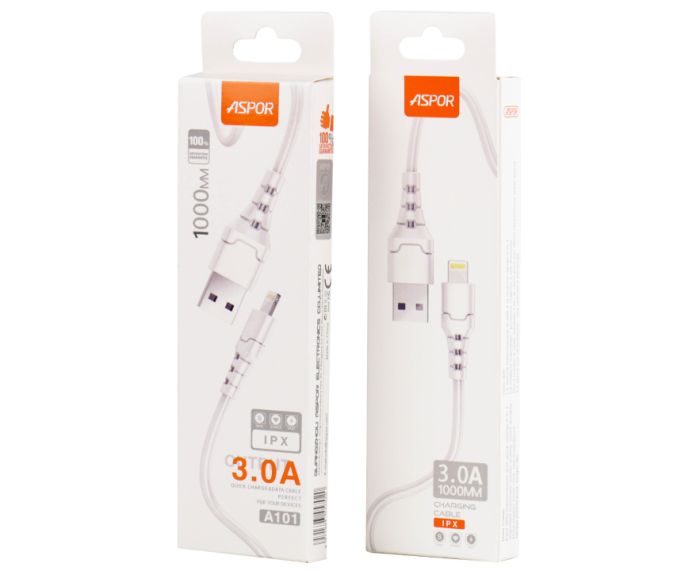 USB кабель Aspor A101 Lightning Fast Charge 3A/1м- білий
