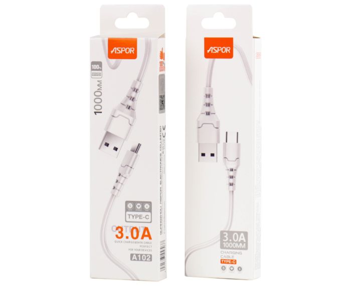 USB кабель Aspor A102 Type-C Fast Charge 3A/1м- білий