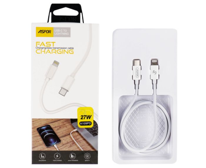 USB-C кабель Aspor A109PD Type C to LIghtning Fast charging 3.1A/1м- білий