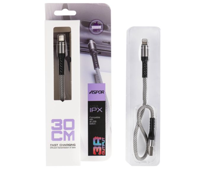 USB кабель Aspor A163 Lightning 3A/0.3м- сірий