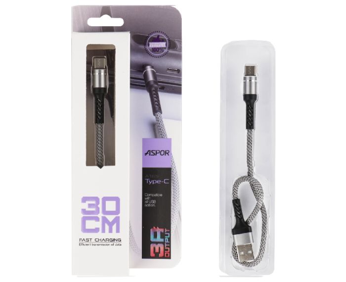 USB кабель Aspor A165 Type-C 3A/0.3м- сірий