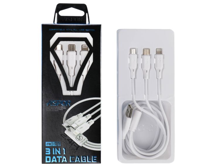 USB кабель Aspor AC-21 3в1 2.4A/1.2м- білий