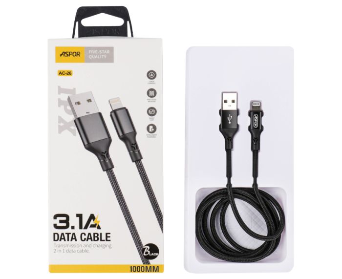 USB кабель Aspor AC-26 Lightning 3.1A/1м- чорний