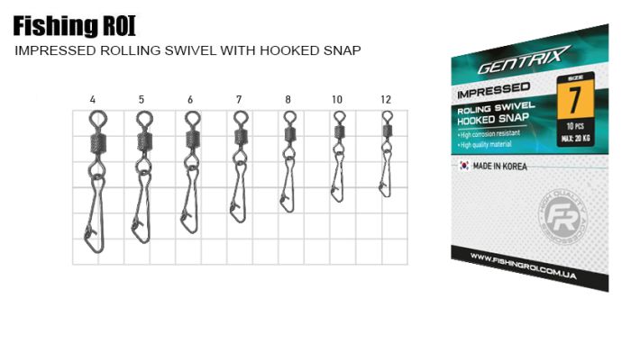 Вертлюг із застібкоюFishing ROI Impressed rolling swivel with hooked snap №8