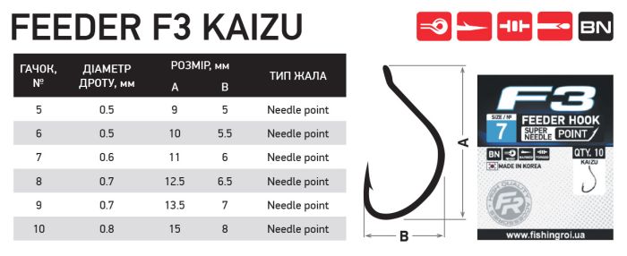 Гачки Fishing ROI Feeder F3 kaizu №10 (10уп/шт)