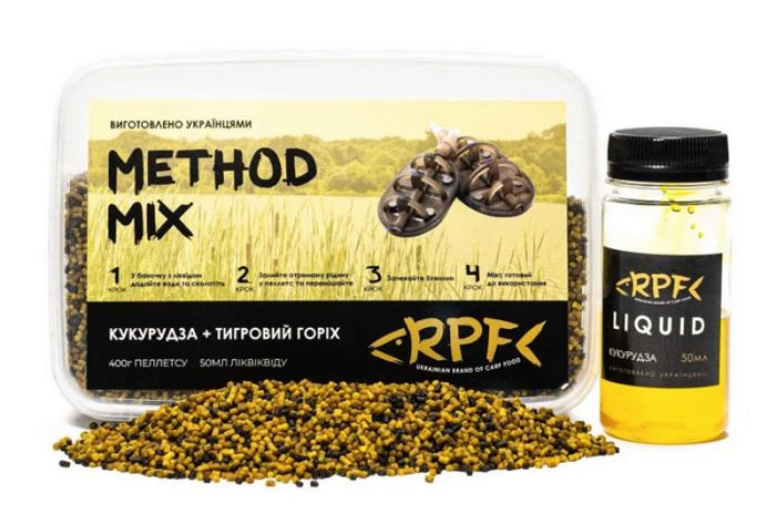 Метод-мікс 2 в 1 RPF Кукурудза & Тигровий горіх (пелетс 2мм 400гр + 50мл ліквіду)