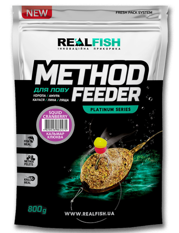 Прикормка REALFISH Метод Фідер (Кальмар-журавлина)  0,8кг