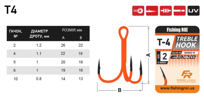 Трійник Fishing ROI Treble Hook T-4 UV Orange BC №6 (5шт/уп)