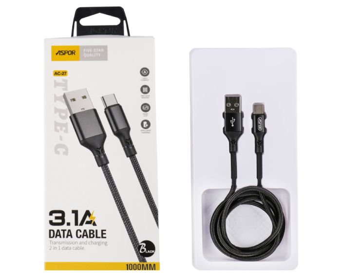 USB кабель Aspor AC-27 Type-C 3.1A/1м- чорний